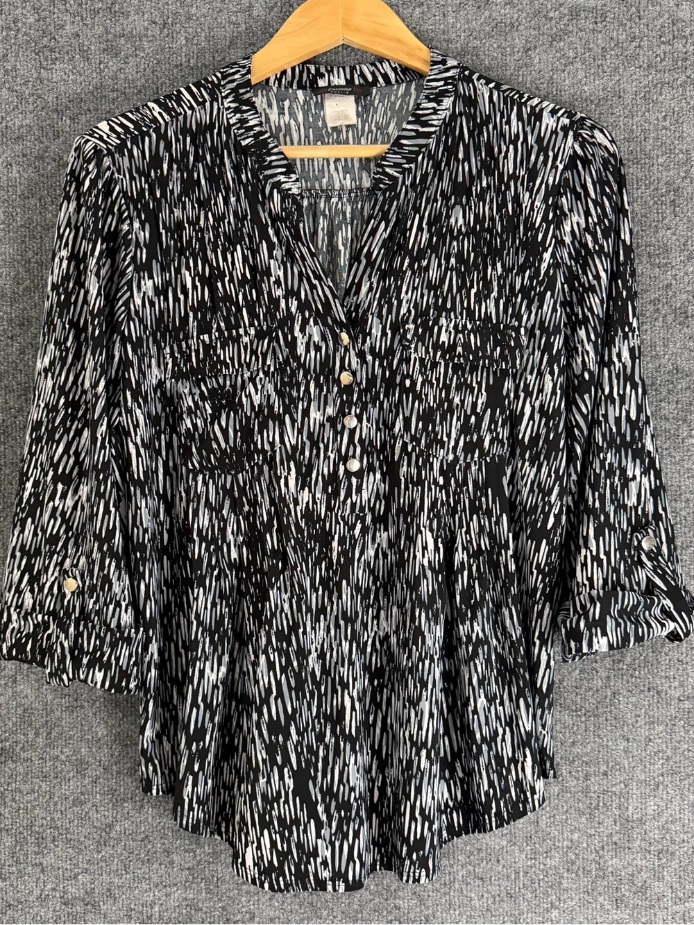 Cocomo Womens 3/4 Sleeve Top Size Large Petite Black Gray Office Casual Stretch